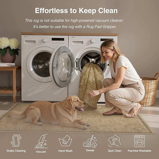 HUGEAR 2x8 Machine Washable Hallway Runner Rugs Vintage Brown - Neutral Non Slip Stain Resistant Low Pile Aesthetic Throw Carpet Kids & Pet Friendly for Bedroom Kitchen Entryway