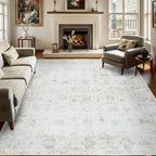Washable 9×12 Area Rugs for Living Room, Vintage Floral Rug Soft Non Slip Stain Resistant Boho Carpet for Bedroom Dinning Room Kitchen Home Office 02 Beige