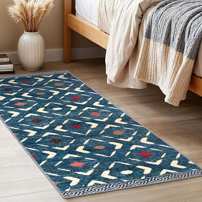 KILOCOCO Kitchen Runner Rug Washable Runner Rug Soft Hallway Runners Non Slip Printed Distressed Laundry Room Rugs, Low-Pile Runners for Entryway/Bedroom/Kitchen/Living Room, 2x5 Teal/Blue