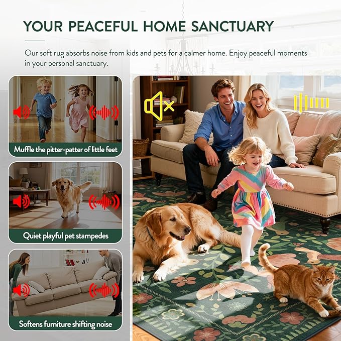 Moynesa Floral Bird 6x9 Green Area Rug for Living Room Bedroom Dining Room, Vintage Home Decorations for Modern Cottage Farmhouse Aesthetic Open Areas,Comfort Floor Protection Non-Slip Washable