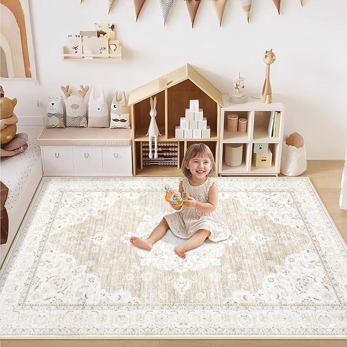 Area Rug 2x3 Entryway Rugs - Machine Washable Vintage Boho Area Rug Non-Slip Kitchen Rugs Soft Stain Resistant Indoor Door Mat, Small Oriental Throw Rug for Entrance Hallway Bedroom(Boho Beige, 2'x3')