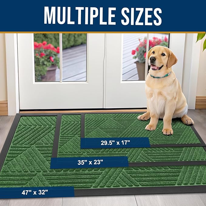 Kitinjoy Front Door Mat Outside Entrance, Sturdy Natural Dirt Trapper, Heavy Duty Rubber Doormat, Low Profile Non-Slip Backing, Easy Clean Floor Mat for Indoor Outdoor Entry, 47X23 Inch, Green