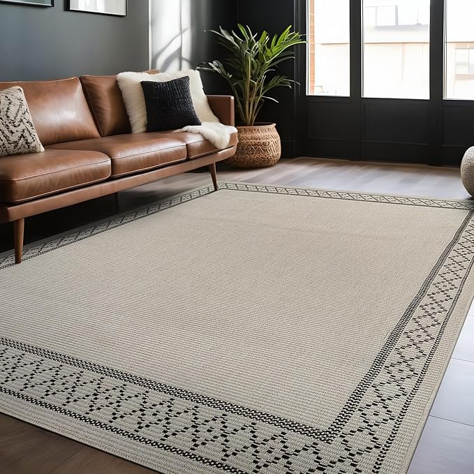 Easy Jute Rugs 4x6 Frame Bone Color Living Room Indoor Outdoor Area Rug for Patio and Kitchen Rug High Traffic Washable Easy to Clean Solid Boho Woven Design Carpet (4 x 6)