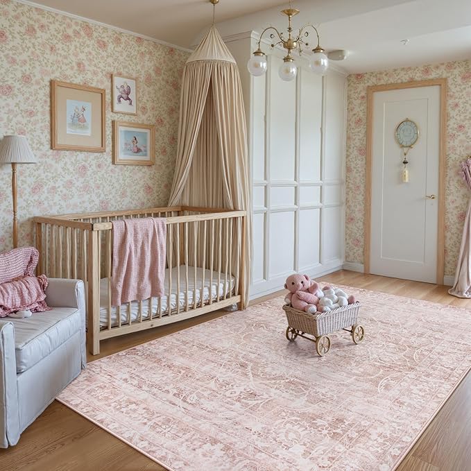 Lahome Pink Rug 6x9 Area Rugs - Soft Washable Rugs For Bedroom Aesthetic-Rugs For Living Room Non Slip Ultra Thin,Boho Girls Playroom Rug Farmhouse Stain Resistant Carpet For Office Room (Pink, 6'X9')