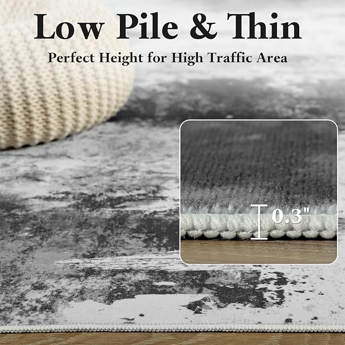 Washable Abstract Rug, 3x5 Modern Area Rugs with Non-Slip Rubber Backed for Bedroom, Thin but Soft Contemporary Carpet Kitchen Living Room Decor, Black Grey