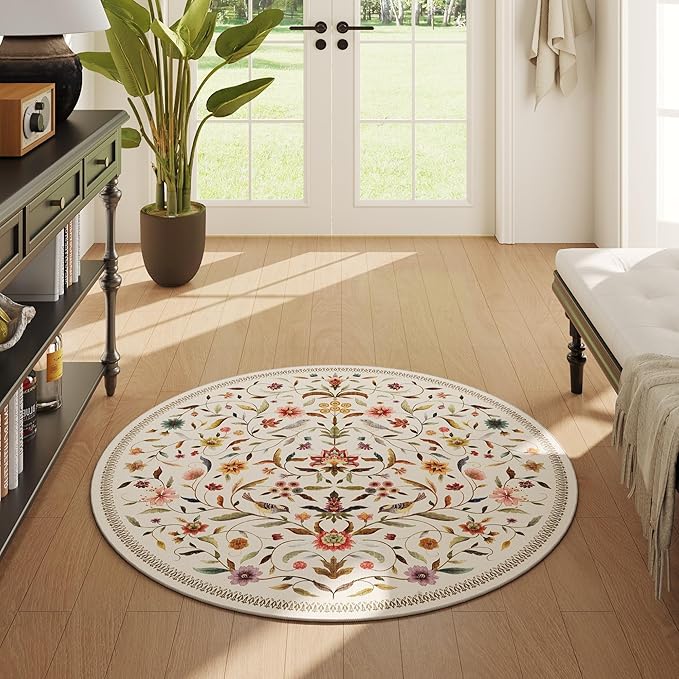 Vintage Medallion Floral Round Rug 4ft, Washable Circle Area Rug, Non-Slip Soft Low Pile Circular Carpet for Bedroom, Living Room, Dining Room, Entryway, Office, Kids, Bathroom | Beige