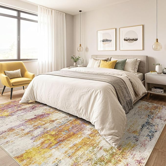 8X10 Area Rugs Living Room: Washable Large Abstract Soft Stain Resistant Indoor Floor Rugs Non Slip Accent Carpet for Bedroom Nursery Playroom Office Dining Room Dorm & Home- Gold Colorful