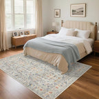 Washable Living Room Rug: 5x7 Boho Floral Soft Area Rug for Bedroom Decor - Vintage Low Pile Thin Carpet for Dining Room Non-Slip - Farmhouse Stain Resistant Rugs - Beige Blue