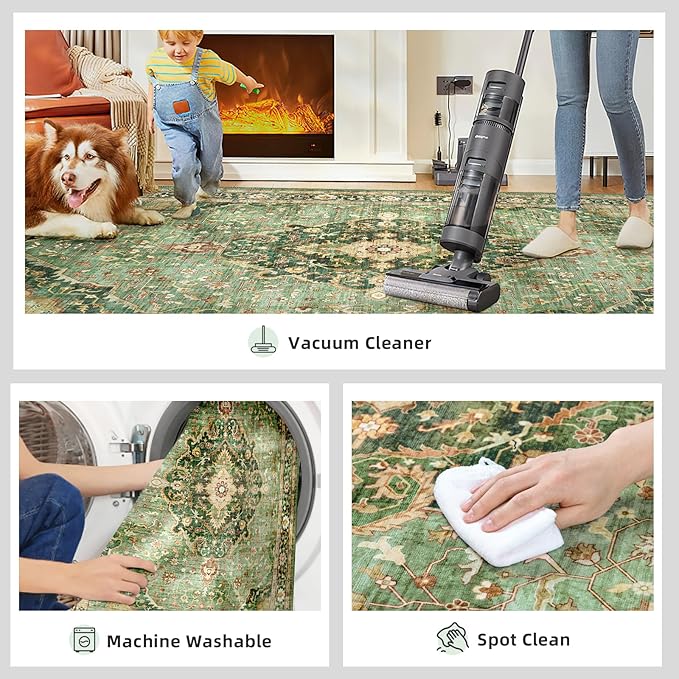 9x12 Rugs for Bedroom, Vintage Washable Rugs Non Slip Large Area Rug for Living Room Dining Room Office, Floor Decoration Big Rug Carpet Low-Pile Kid & Pet Friendly(Border Green)
