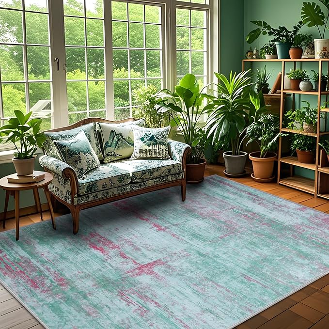 6x9 Abstract Area Rugs for Living Room, Modern Washable Indoor Rug for Bedroom, Thin Soft Large Non-Slip Carpet for Dining Room Home Office Farmhouse Decor - Abstract Green Red