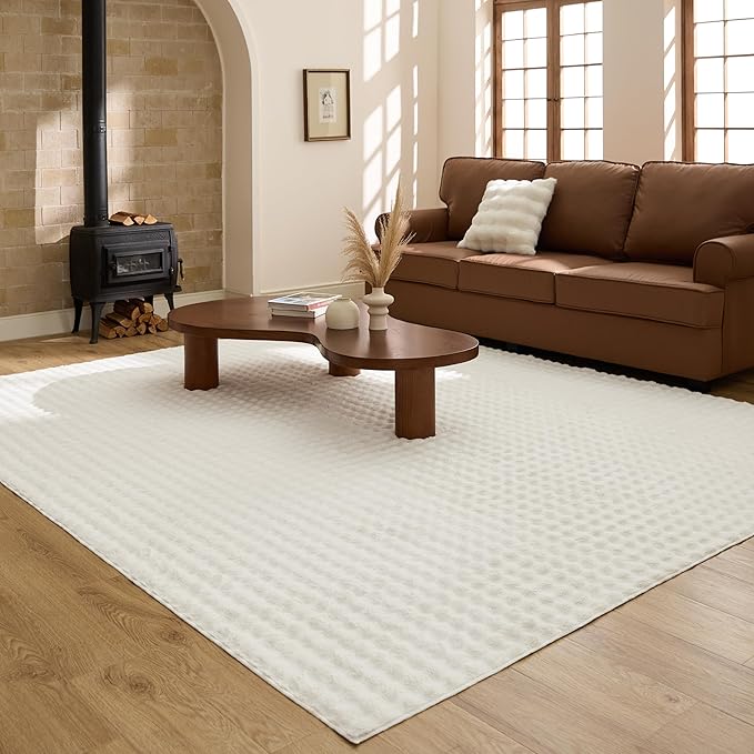Bedsure 6x9 Fluffy Area Rugs for Living Room, Machine Washable Rugs, Non-Slip Backing, Non-Shedding, Pet Friendly Throw Rug for Bedroom Dining Room, Coconut White