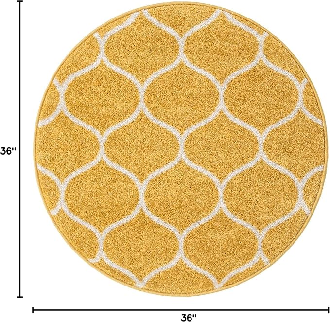 Rugs.com Lattice Frieze Collection Rug – 3' Round Yellow Medium Rug Perfect for Kitchens, Dining Rooms