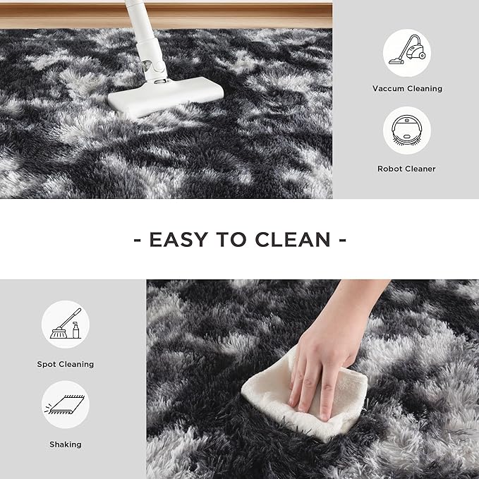 Andency 8x10 Area Rugs for Living Room, Non-Slip Fluffy Soft Large Shag Bedroom Carpet, Tie-Dyed White Black Big Indoor Thick Nursery Rug for Kids Dorm Home Decor Aesthetic
