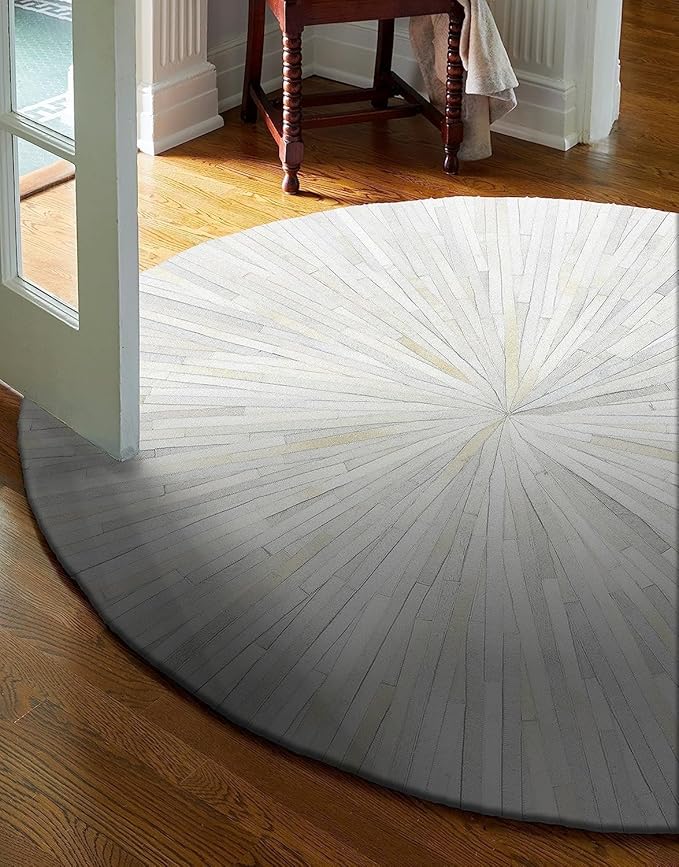 Faux Cowhide Round Area Rug | Non-Slip Leather Floor Carpet for Living Room, Bedroom, and Home Décor | Modern Stylish Accent Rug(White_7x7)