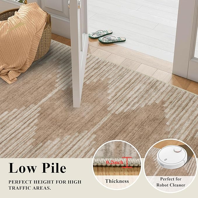 HelloTree Hallway Runner Rug,2.6x8 Moroccan Modern Stripe Carpet Washable Machine Bathroom Runner Bohemian Modern Soft Non Slip Indoor Rug for Entryway Hallway Laundry Room Bedroom-Pink&Khaki