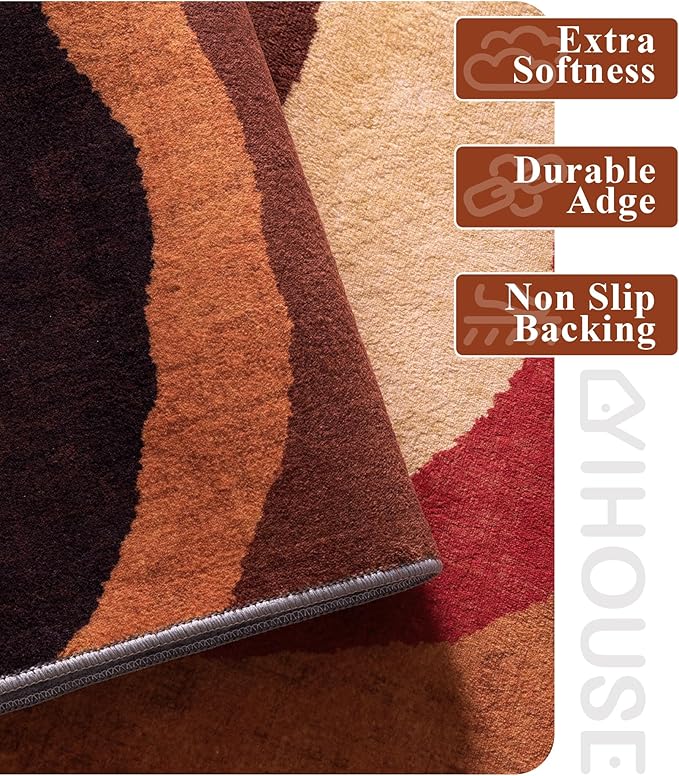 YIHOUSE Burnt Orange Rug 3x5 Washable,Farmhouse Brown Retro Carpets,Geometric Abstract Wavy Rug for Bedroom,Unique Colorful Rugs for Living Room,Dining Room,Bedside Rugs