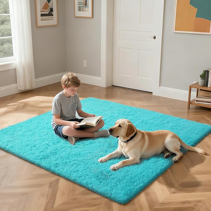 Teal Blue Rug Fluffy Rugs, 2x6 Teal Area Rugs for Bedroom, Soft Cute Baby Play Mat, Indoor Floor Carpet for Teen, Nursery, Preppy Dorm, Plush Aesthetic Bedside Rug