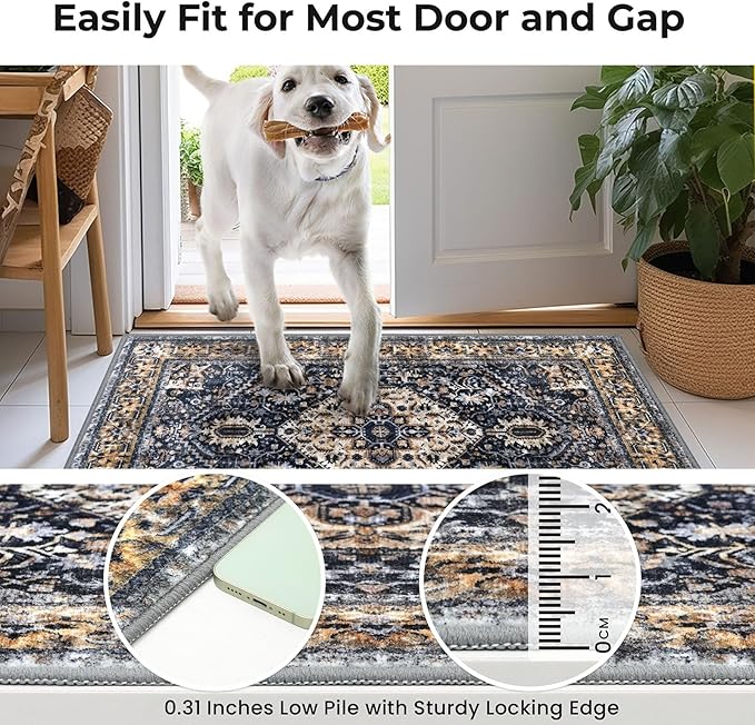 KOZYFLY Boho Area Rug 5x7 Ft Thin Rugs for Living Room Washable Bedroom Rug Non Slip Rugs Gold Navy Printed Faux Wool Vintage Bedroom Rug Floor Carpet for Dining Room Living Room