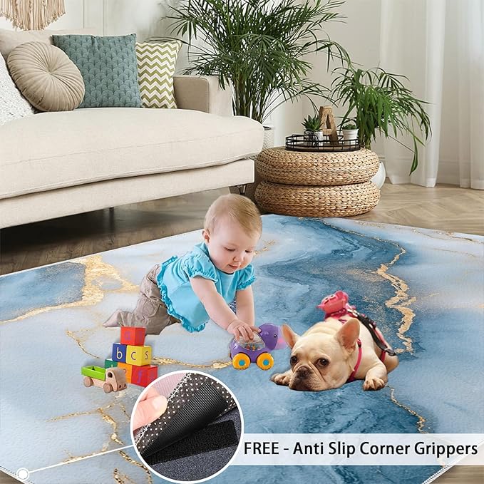3x6 Abstract Marble Bedroom Rug Under Bed - Blue-White-Marble Kids Room Rugs, Luxury Stone Pattern Bedroom Runner Rug Soft Washable for Living Room Kitchen
