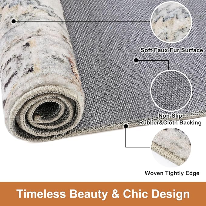 COMSLE Area Rug 2x4 Faux Wool Throw Rug for Entryway, Boho Washable Small Rugs Non-Slip Distressed Carpet Soft Accent Floor Rug for Indoor Entrance, Bedroom, Living Room, Kitchen (Khaki)