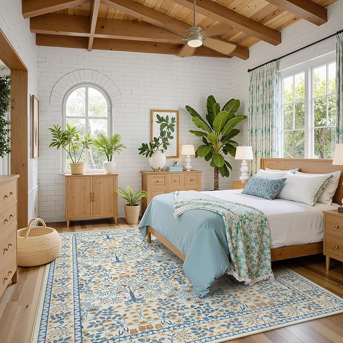 9x12 Area Rug Living Room Rug - Floral Vintage Forest Washable Carpet, Low Pile Non-Slip Stain Resistance Boho Soft Large Carpet for Bedroom, Dining Room Under Table, Farmhouse (9'x12' Blue/Orange)