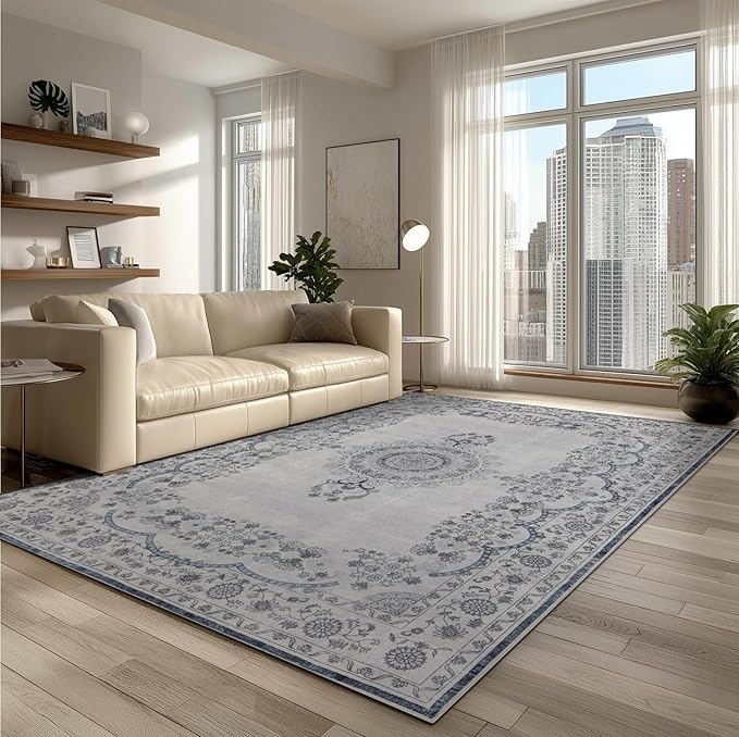 Washable Area Rugs 8x10, Large Rugs for Living Room, Carpet for Bedroom, Soft Faux Wool Retro Dining Room Rug, Non-Slip Backing Resistant Low Pile Vintage Print Rug for Home Office (Grey/Blue)