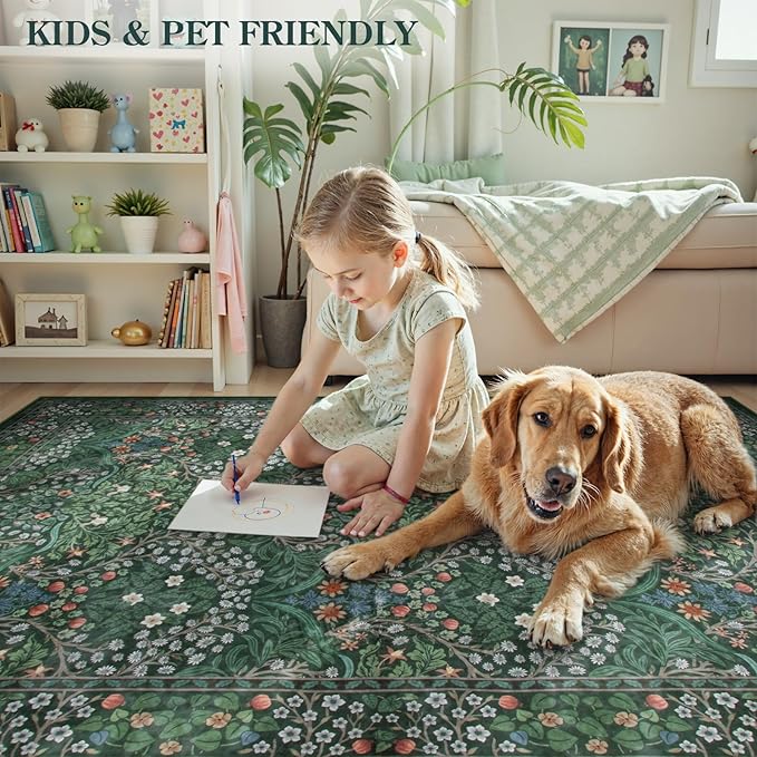 Lahome Floral Washable Round Area Rug, Soft Round Rugs 6ft Ultra-Thin Non-Slip, Boho Stain Resistant Large Circle Carpet for Bedroom Living Room Kitchen Nursery, Dark Green