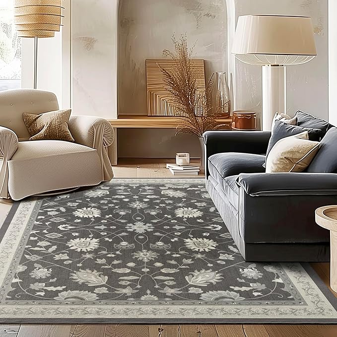 EVERGRACE Area Rugs for Living Room 6x9, Boho Floral Faux Wool Indoor Outdoor Rugs, Washable Rugs for Bedroom Dining Room Entryway Kitchen, Low Pile Floor Mat Carpet for Home Decor, Ebony Black