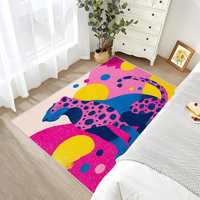 5x7 Rug Washable - Leopard Rugs for Living Room, Colorful Abstract Geometric Animal Pop Art Non Slip Low Pile Area Rugs for Bedroom, Leopard Carpet Home Decor & Gifts
