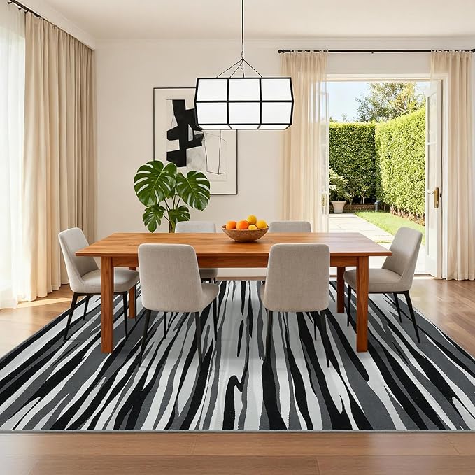 YIHOUSE 6×9 Ft Area Rugs for Living Room: Modern Abstract Black Grey and White Rug - Nonslip Washable Striped Rug for Bedroom Dining Room Office Playroom Nursery Home Decor