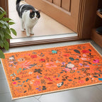 Boho Floral Entryway Rug 2x3, Washable Small Mat for Bathroom and Kitchen, Non Slip Front Door Mat Indoor Entrance, Vintage Style Flower Mat with Rubber Backing, Soft Area Rug for Entry Way (Orange)