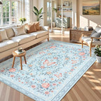 GarveeHome 3x5 Small Area Rug for Bedroom Floral Washable Rugs Non Slip Stain Resistant Living Room Throw Carpet Low Pile Dining Room Blue Area Rug Butterfly Bow Rugs for Nursery Home Decor, 3x5