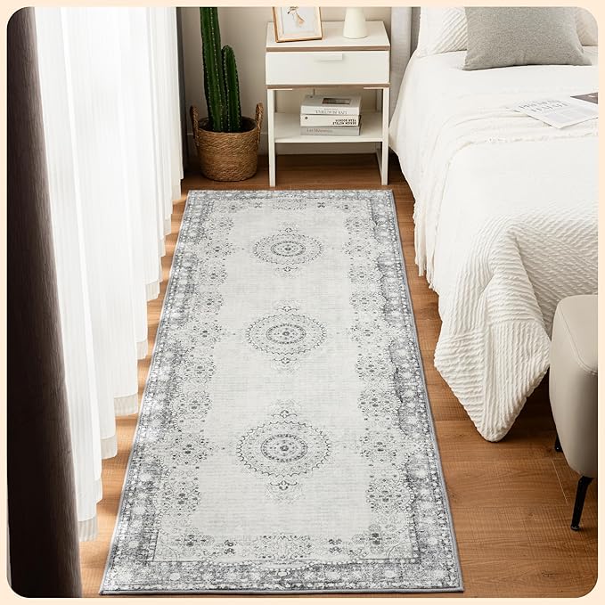 Istana Hallway Runner Rug 2.5x8 - Grey/Gold Kitchen Rugs Non Slip Washable -Silk's Soft Touch Carpet Runner - Stylish Rugs for Home