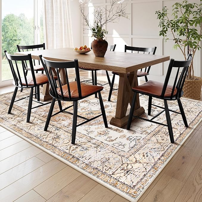 Lahome 9x12 Area Rugs for Living Room - Boho Non-Slip Washable Carpet Ultra-Thin Large Rug Lightweight Throw Foldable Dining Room Mat，Farmhouse Neutral Print Carpet for Bedroom Guest Room (Taupe)