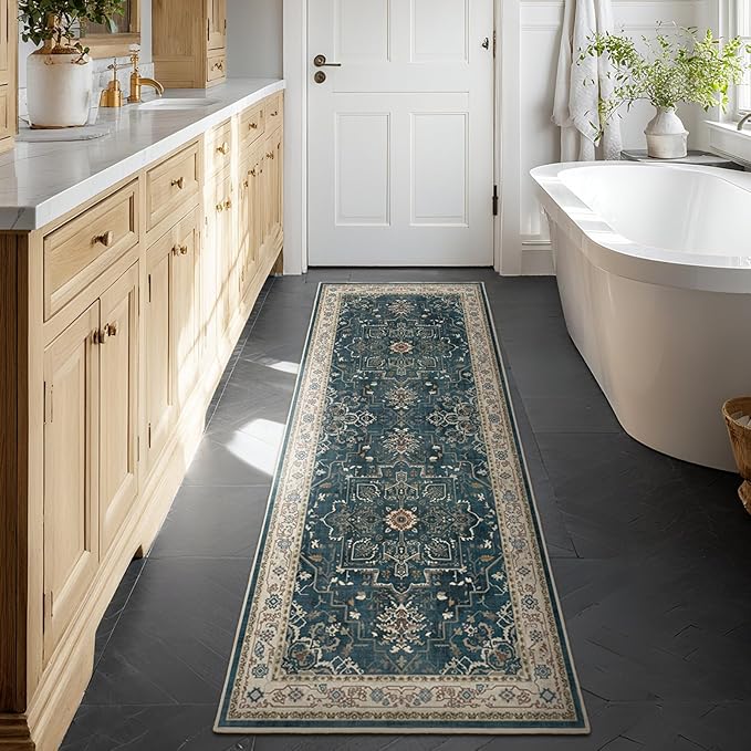 Farmhouse Entryway Rugs 2x6, Low Pile Kitchen Runners Washable Non Slip, Distressed Medallion Printed Carpet Runners for Hallway/Bathroom/Bedroom Bedside/Laundry Room, Deep Blue/Multi