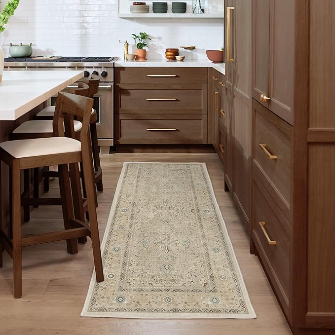 RUGGABLE Washable Vintage Runner Rug – Kamran Ivory Opal 2.5x12, Stain-Resistant, Non-Slip Hallway Runner – Machine Washable Rug for Hallway, Entryway, Living Room & Kitchen–with Standard Pad