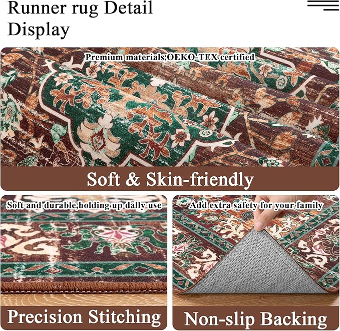U'Artlines 3' x 14' Boho Hallway Runner Rug, Rust Non Slip Washable Vintage Farmhouse Accent Rug Carpet for Kitchen Entryway Laundry and Living Room (Rust＆Teal)
