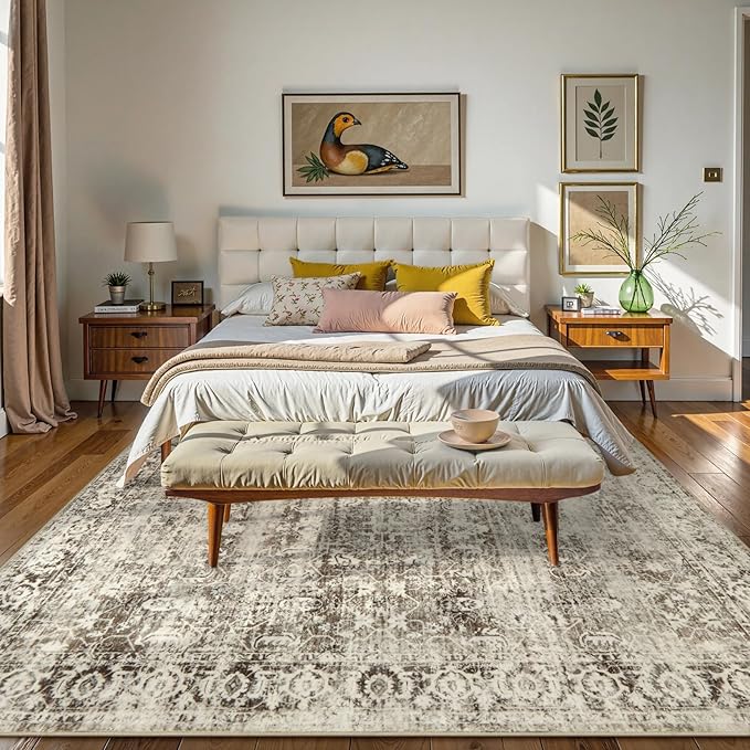 Lahome Washable Rugs 5x7 Boho Living Room Area Rug,Soft Throw Bedroom Area Rug,Retro Distressed Non-Slip Low-Pile Accent Rug Indoor Carpet for Entryway Office Home Decor(5 x 7,Beige)
