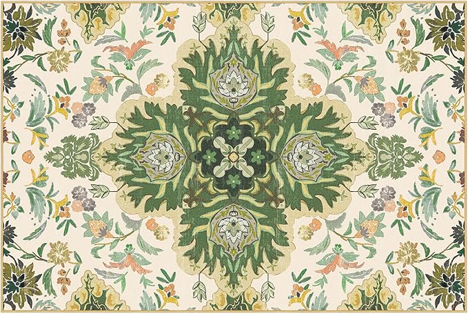 Phantoscope Washable Area Rug 4'x6' Non-Slip, Vintage Boho Rugs for Living Room, Bedroom, Dining Room, Neutral Green Floral Medallion Pattern, Low-Pile Foldable Floor Carpet, Forest Green/Cream