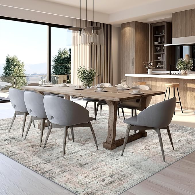 6x9 Abstract Area Rugs for Living Room 6 x 9 Washable Grey Pink Non Slip Low Pile Rugs for Bedroom Dining Room Foldable Thin