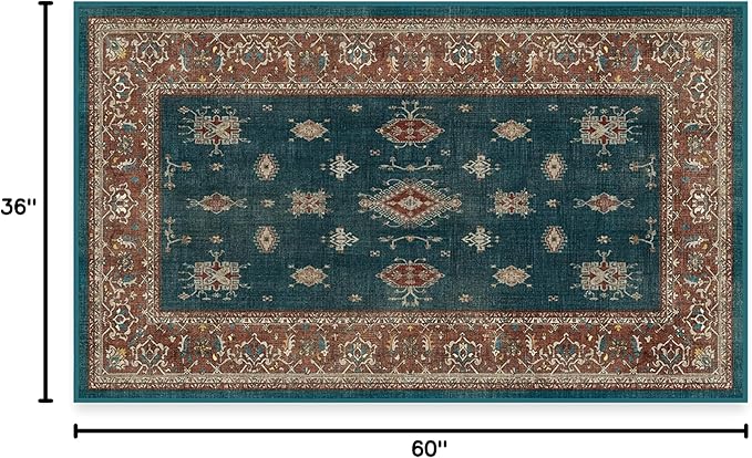 RUGGABLE Washable Vintage Area Rug – Verena Teal Blue 3x5, Stain-Resistant, Non-Slip – Small Machine Washable Rugs for Living Room, Bedroom, Hallway, Entryway & Office–with Cushioned Pad