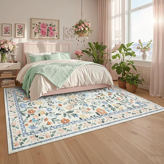 GarveeHome Large Washable Area Rug 10 x 13 for Living Room, Non-Slip Soft Vintage Rug, Low Pile Farmhouse Floral Carpet, Non-Shedding Foldable Printed Rugs for Bedroom, Green