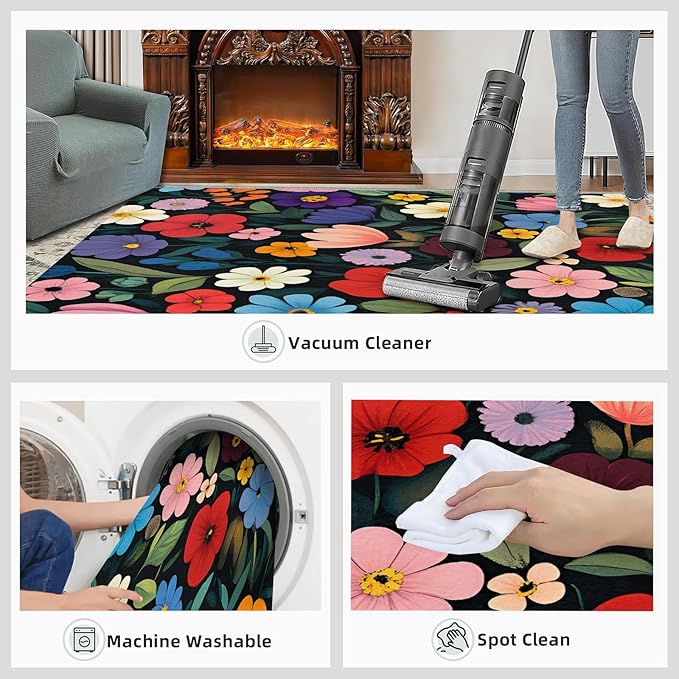 Boho Flowers Rugs for Bedroom - 3x5 Area Rug - Cartoon Flowers Rugs for Living Room, Abstract 3D Floral Rug, Non-Slip Washable Home Decor Carpet