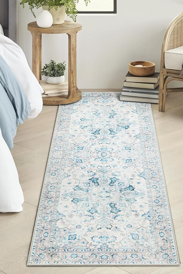 COMSLE Boho Runner Rug, 2' x 6' Washable Area Rugs for Hallway Faux Wool Small Distressed Indoor Door Mat Non-Slip Laundry Room Kitchen Carpet for Entryway Bedroom Khaki Green