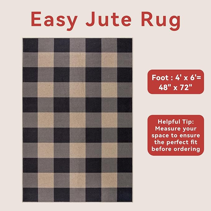 Tangsoo Checkered 4x6 Washable Easy Jute Area Rug for Patio,Non-Slip Black Grey Indoor Outdoor Rug,Modern Throw Mat Ultra Thin Carpet for Front Porch Kitchen Bedroom Foyer