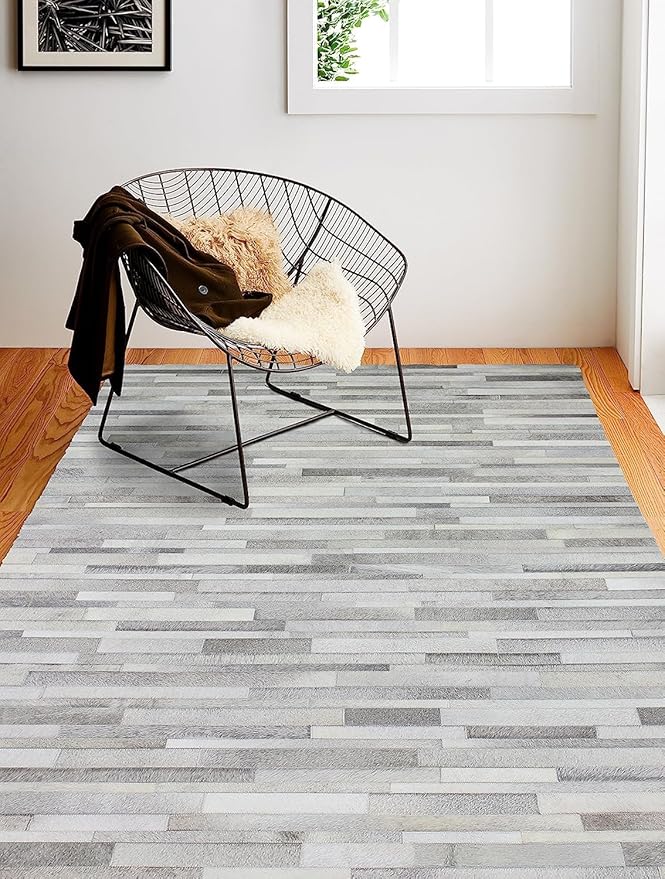 Cowhide Leather Rug for Living Room 8x10 Natural Leather Rug Modern Stripes Style Floor Carpet for Home Decor | Superior Indoor Area Rug Silver