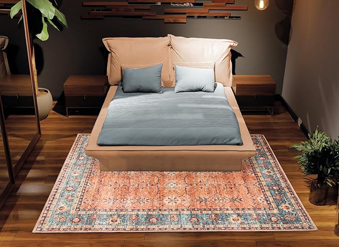 Bloom Rugs Washable Non-Slip 5' x 7' Rug - Orange/Teal Blue Traditional Bordered Area Rug for Living Room, Bedroom, Dining Room, and Kitchen - Exact Size: 5' x 7'