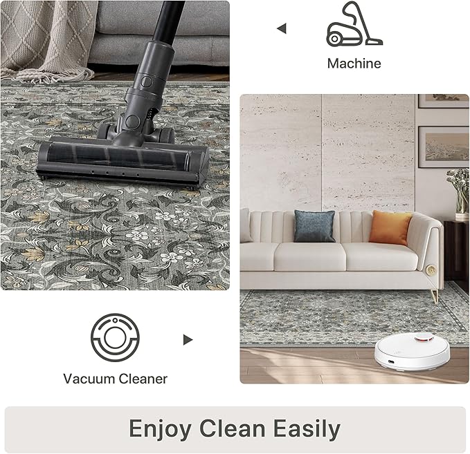 Bavni 5x7 Area Rugs for Living Room, Floral Rug Machine Washable Non Slip, Vintage Boho Forest Carpet, Soft Low Pile Thin Lightweight Rugs for Bedroom, Farmhouse, Dining Room Office, Mist Grey/Ivory