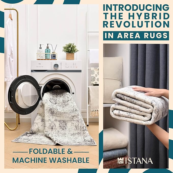 Istana 4x6 Rug - Grey & White Cream Area Rugs 4x6 - Kid & Pet Friendly Machine Washable Rugs - 4 x 6 Area Rug Non Slip & Non Shedding Area Rug - Foldable Rug for Room for Bedroom