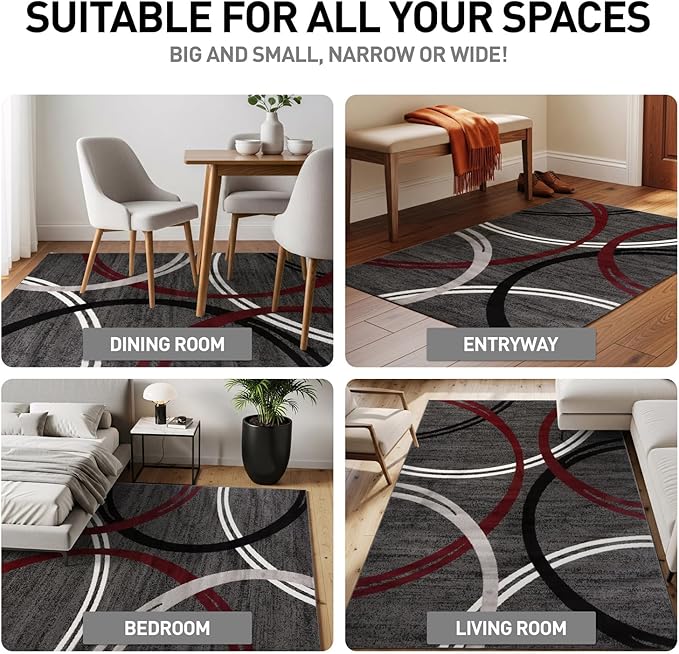 Rugshop Modern Wavy Circles Design Non-Shedding Area Rug, Carpet for Living Room, Dining Room, or Bedroom, Red, 5'3" x 7'3"